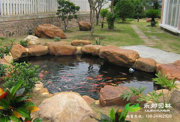 别墅花园鱼池假山实景图片