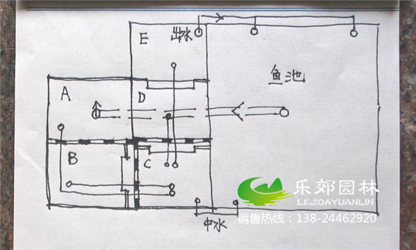 家庭院子小鱼池过滤系统手画图片